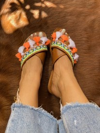 Sandals leather cross camel with pompons & colorful galon orange fluo & white handmade