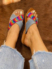 Sandals leather cross jeans & colorful pink galon handmade