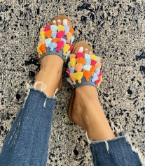 Sandals leather jeans & pompons colors pastels handmade
