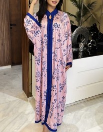 Gandoura butterfly crêpe pink bb blue printed with loser sleeves and sfifa aqadi blue with col officer regular size