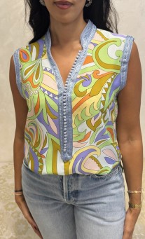 Tunic crêpe light blue yellow pastel purple with sfifa & aqadi & debbana light blue col officier regular size