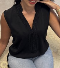 Tunic crêpe black with sfifa & aqadi & debbana black sleeveless col officier size L/ XL