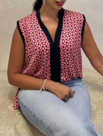 Tunic crêpe pink black printed with sfifa & aqadi & debbana black sleeveless col officier regular size